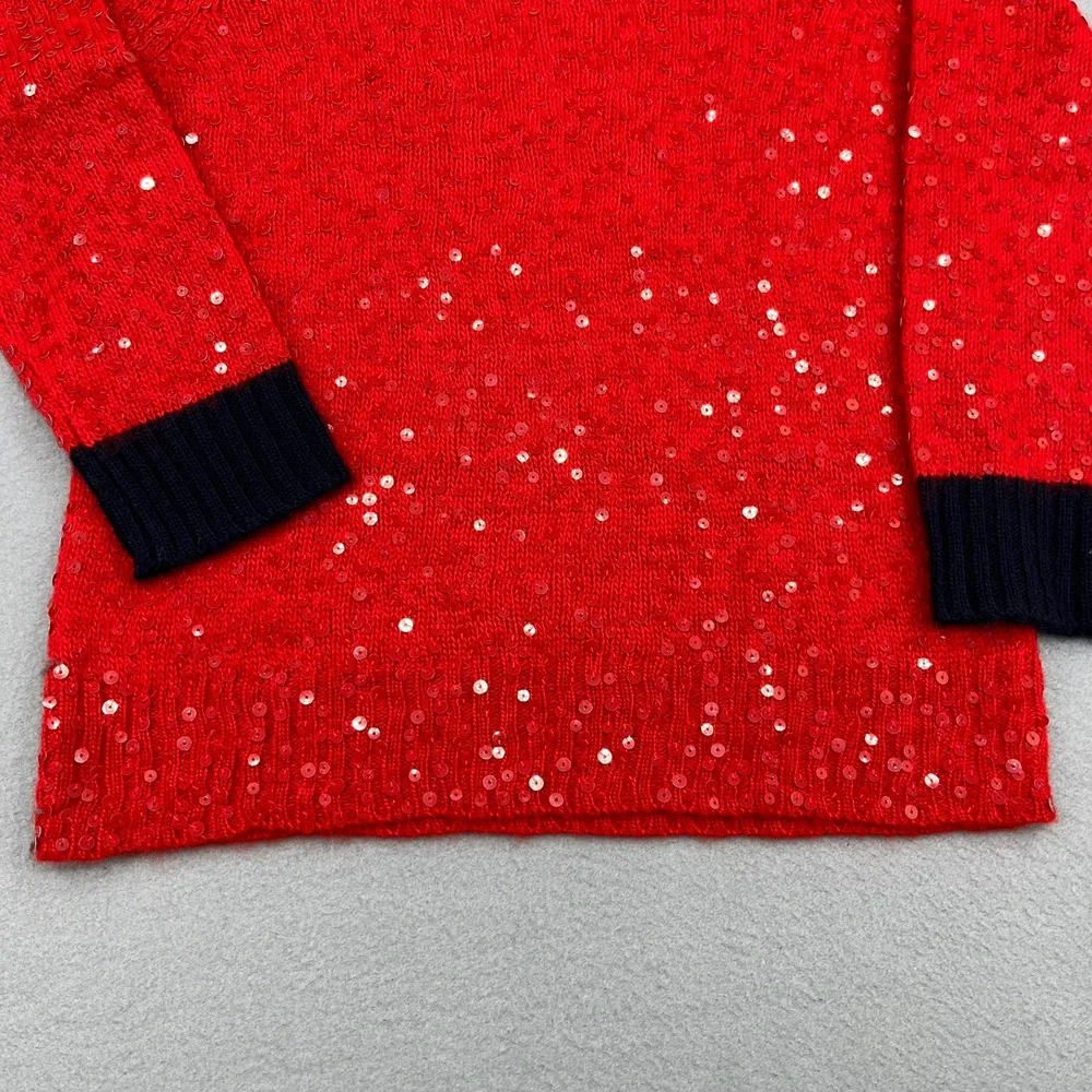 J. Crew Womens‎ Red Sequin Wool Mohair Blend Sweater Navy Trim Small